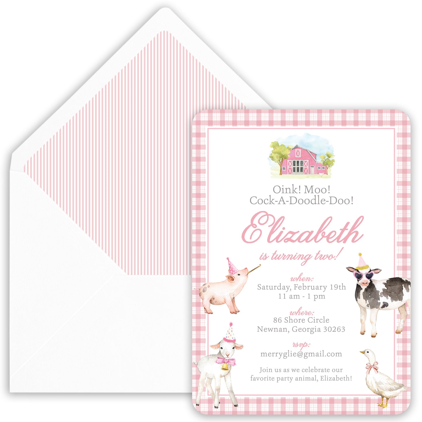 pink farm animal birthday invitation