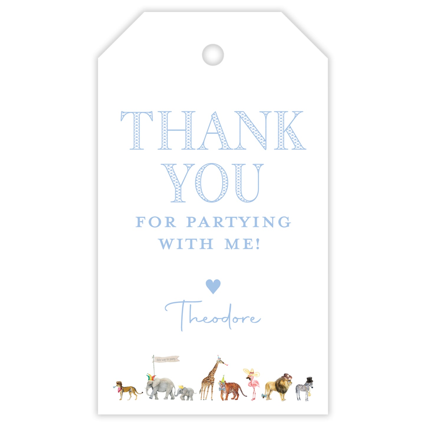 blue party animal party favor tag