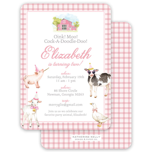 pink farm animal birthday invitation