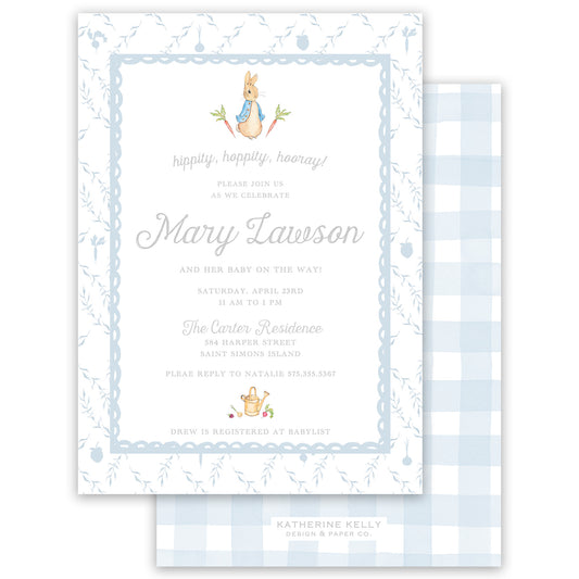 peter rabbit blue trellis party invitation