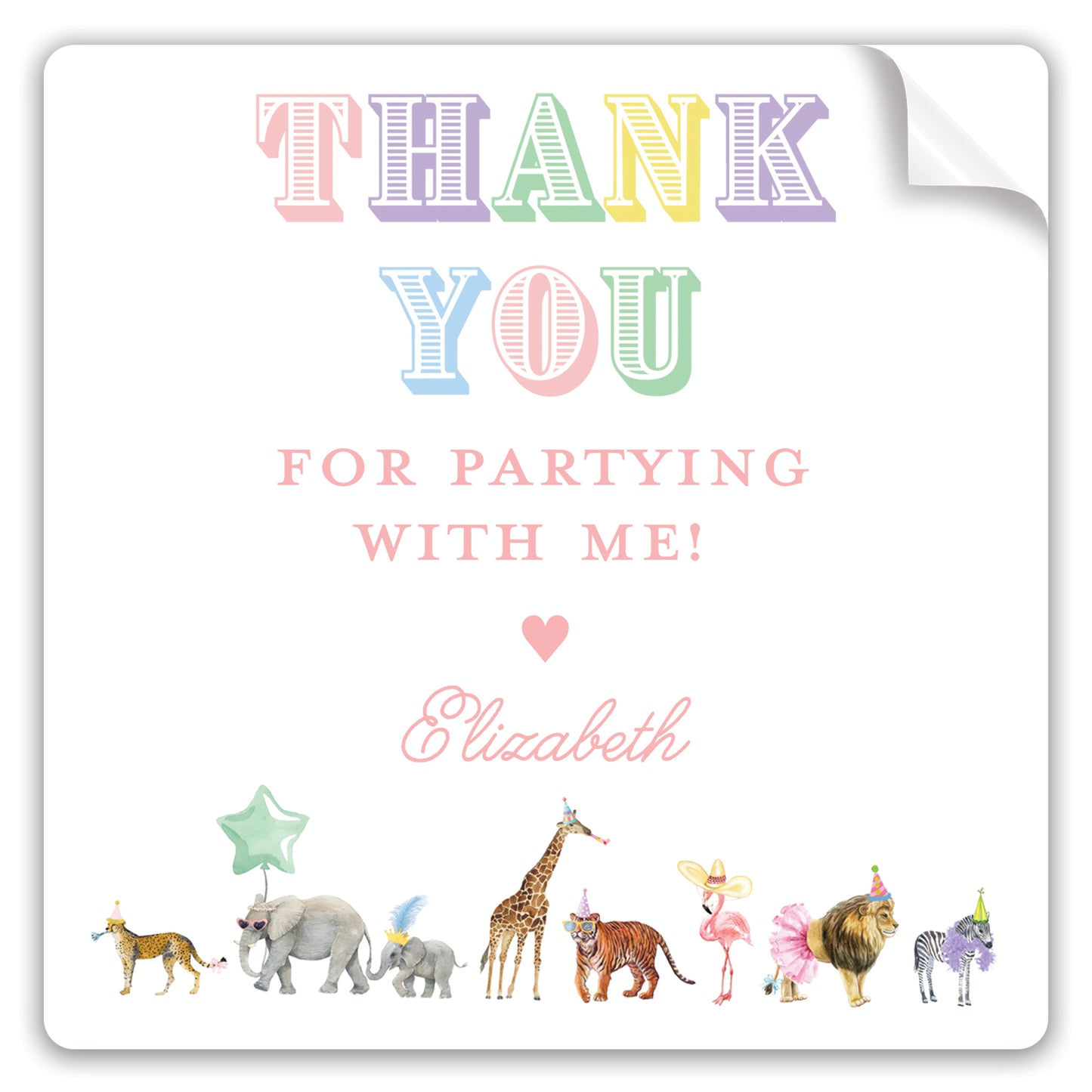 multi party animal thank you stickers