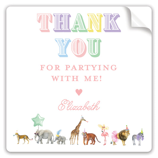 multi party animal thank you stickers