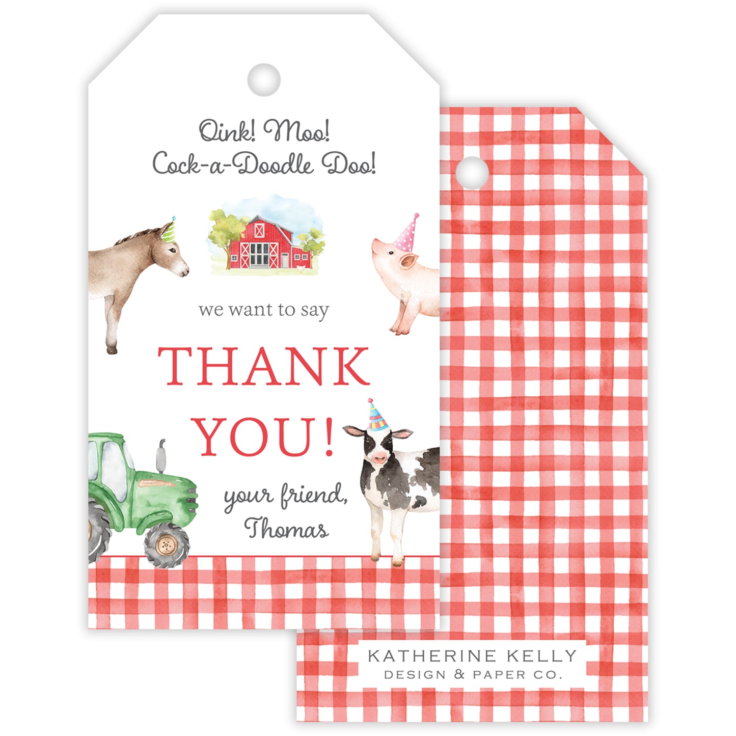 red farm animal party favor tag