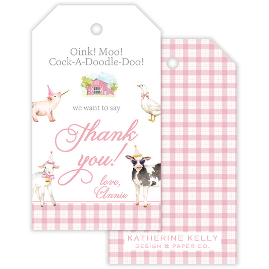 pink farm animal party favor tag