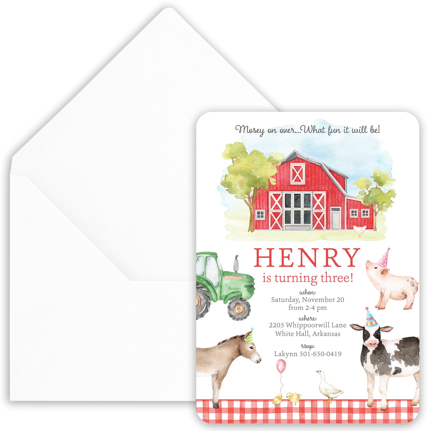 red farm animal birthday invitation