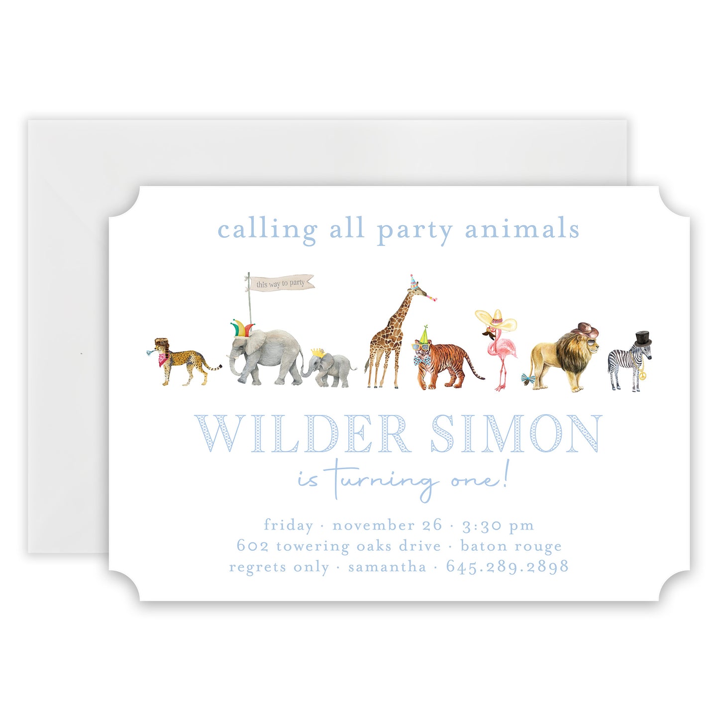 blue party animal birthday invitation