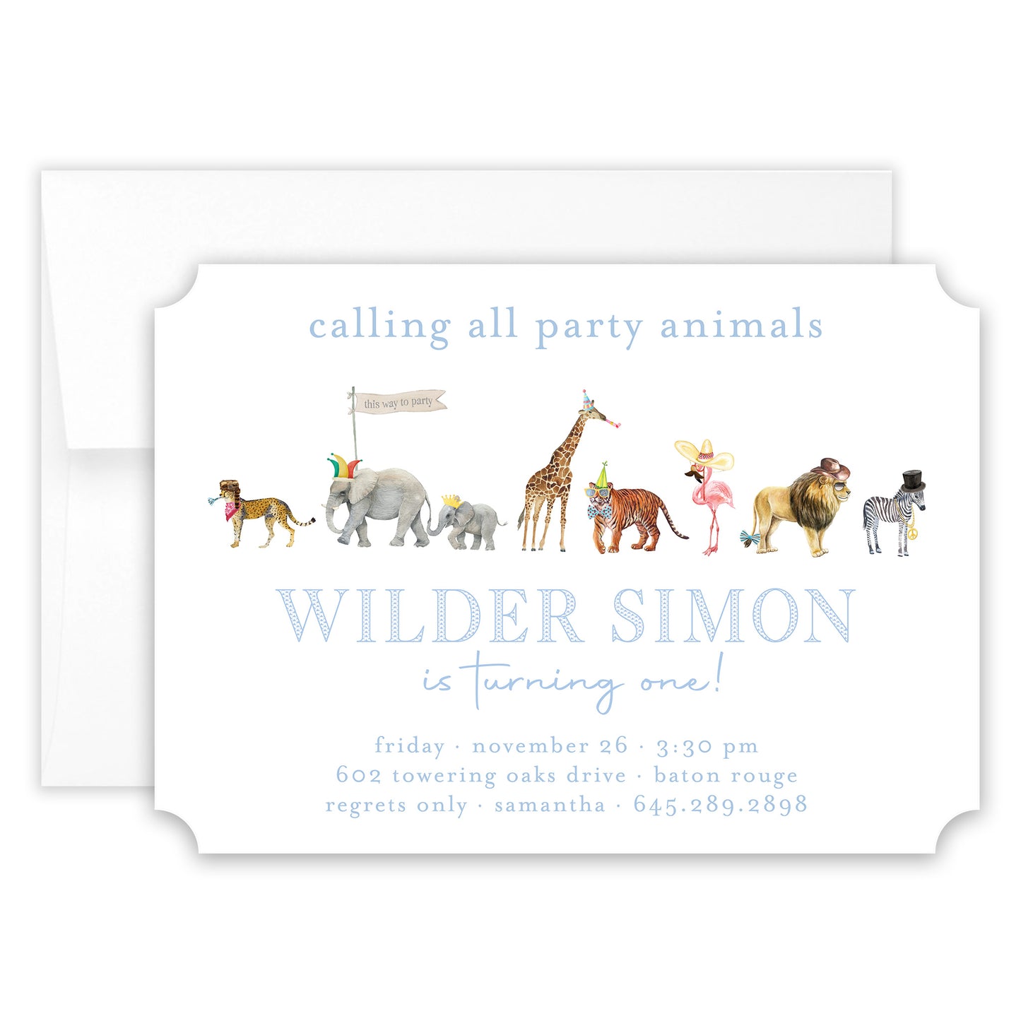 blue party animal birthday invitation